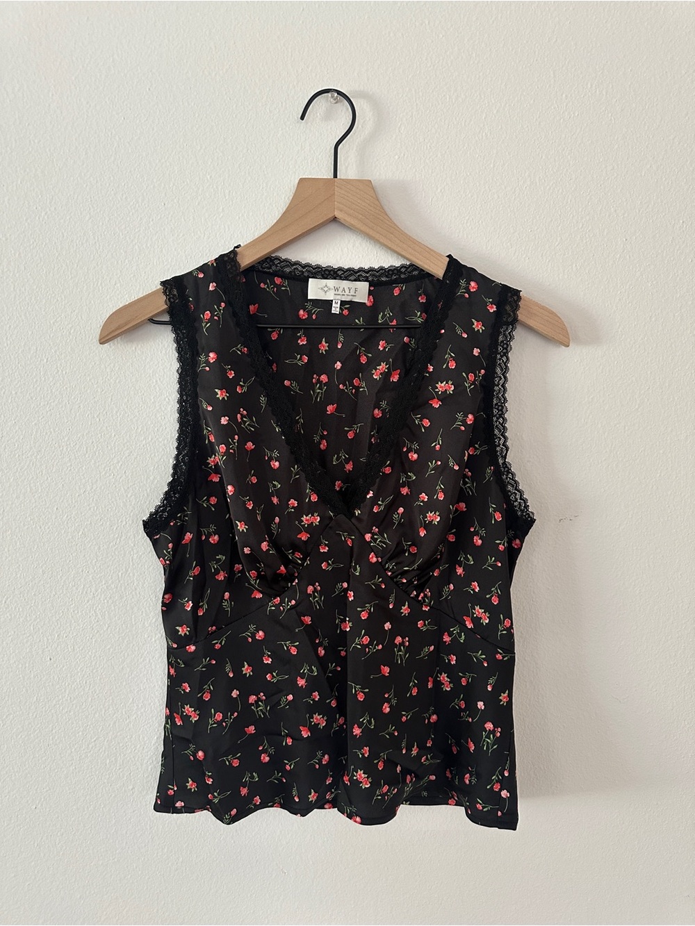 Wayf Black Camisole with Red Floral Print and Lace Trim